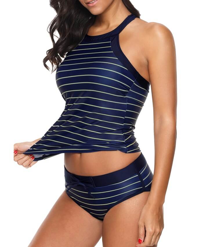 Navy Blue Open Back Striped Tankini Set
